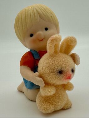 Enesco Figurine - Boy Holding Flocked Bunny Rabbit - Vintage 1988 - Easter Decor